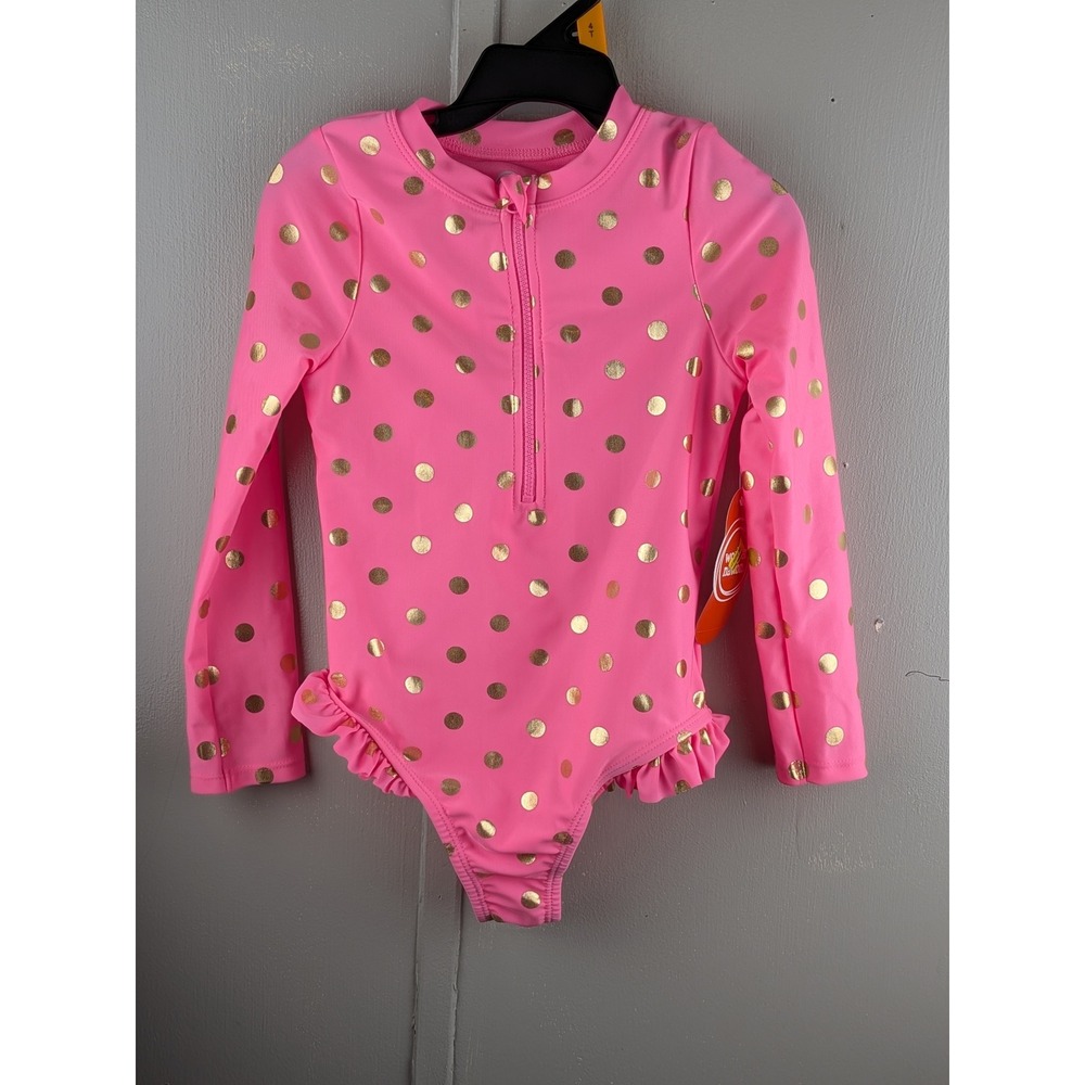 Wonder Nation Girls Pink Gold Foil Polka Dot Long Sleeve Rash Guard Swimsuit 3T